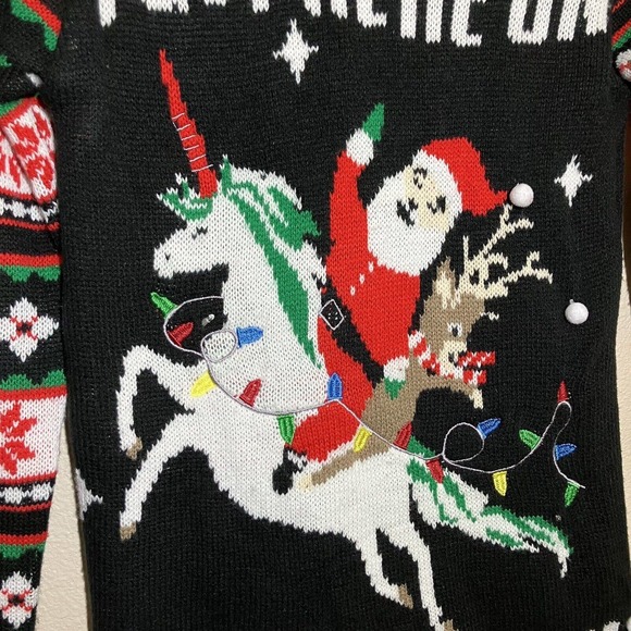 Ugly Christmas Sweater Size S Black/multicolored Sleeves Preowned Unicorn Santa - Picture 5 of 8